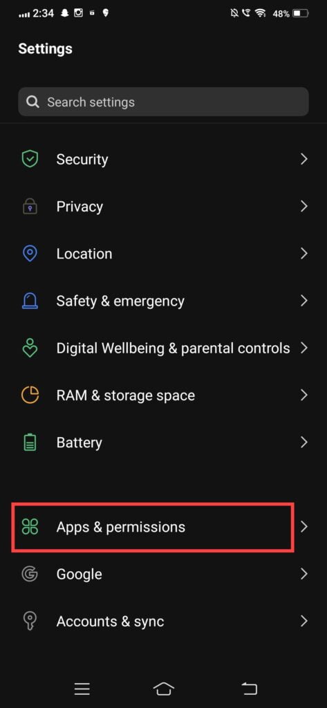 Apps and Permission in Settings 