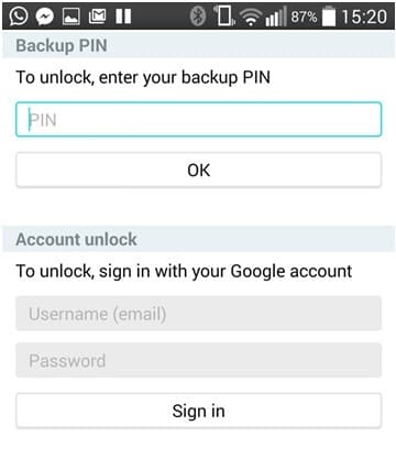 Unlock device using backup PIN or Google Account 